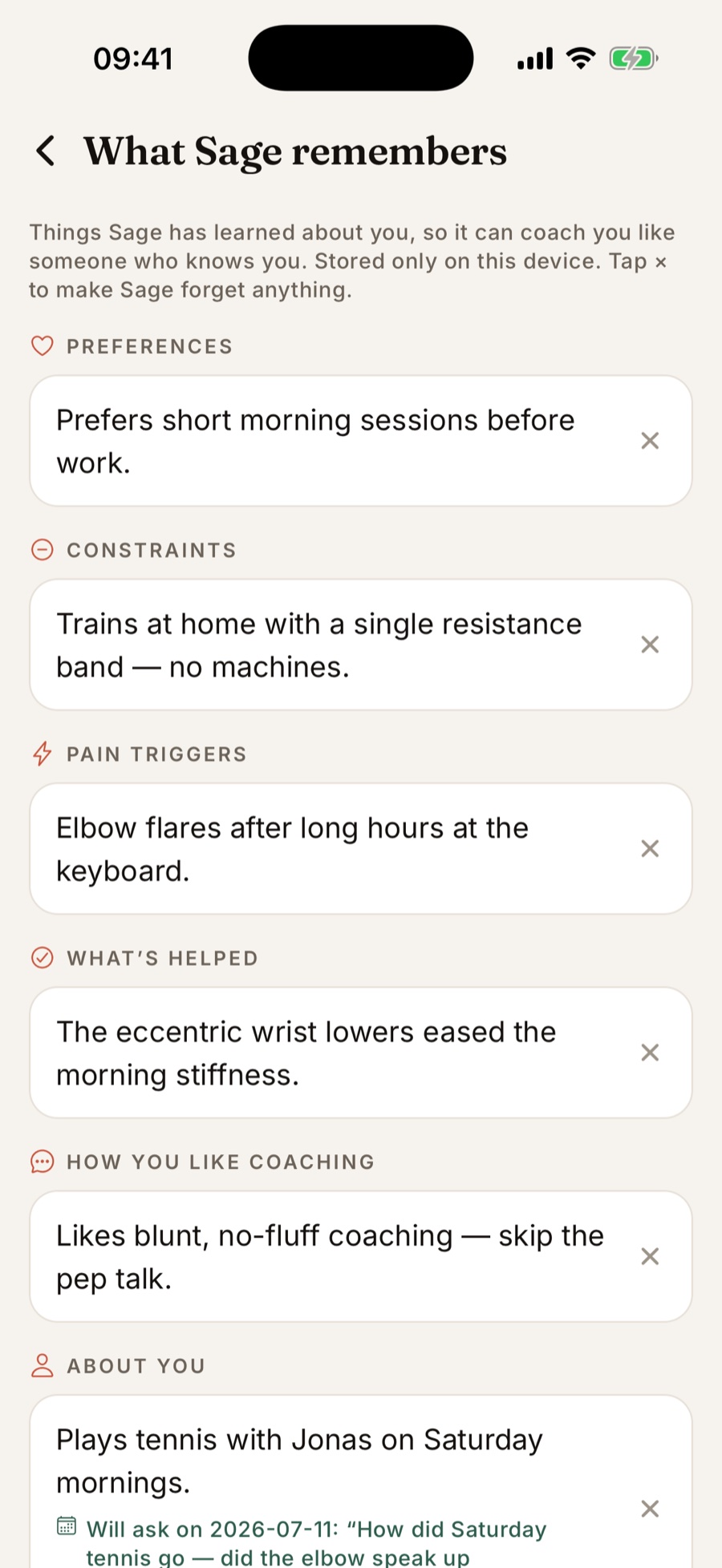 What Sage remembers about you — kept on your device
